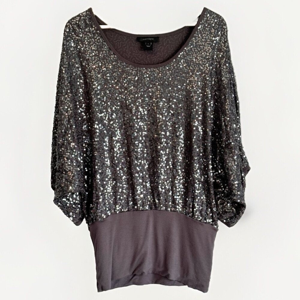Karen Kane Gray Sequin Tunic Top Women’s Large 3/4 Dolman Sleeve Holiday Glam